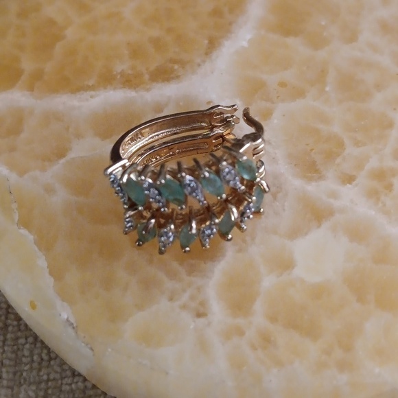 925 Silver Gold Plated Green Stone Marcasite Accent Hoop Earrings - Picture 6 of 7